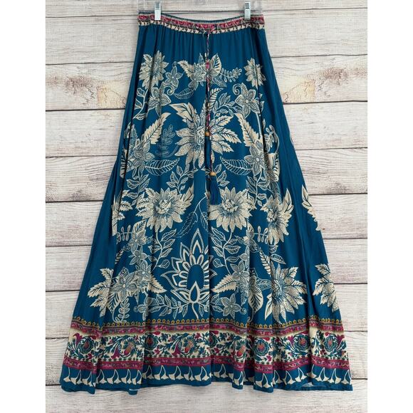 Natural Life Floral BOHO Maxi Skirt Womens Medium Blue Tan Tassled Drawstring - Picture 1 of 10